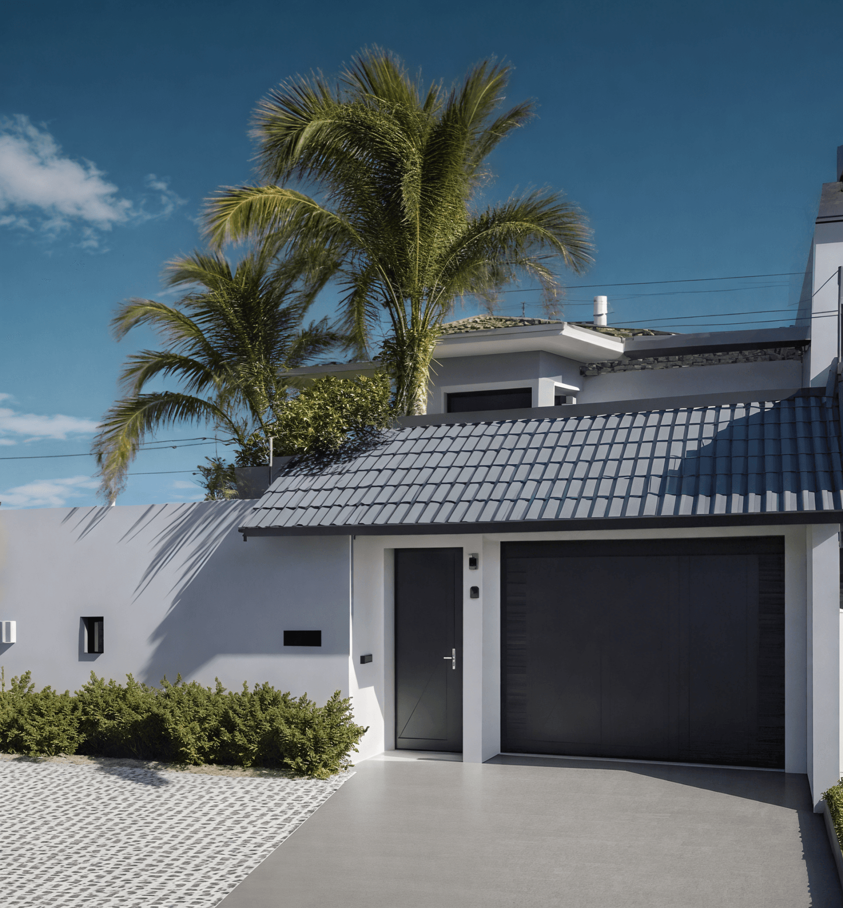 Fachada Residencial com Telhado Embutido e Estilo Contemporâneo