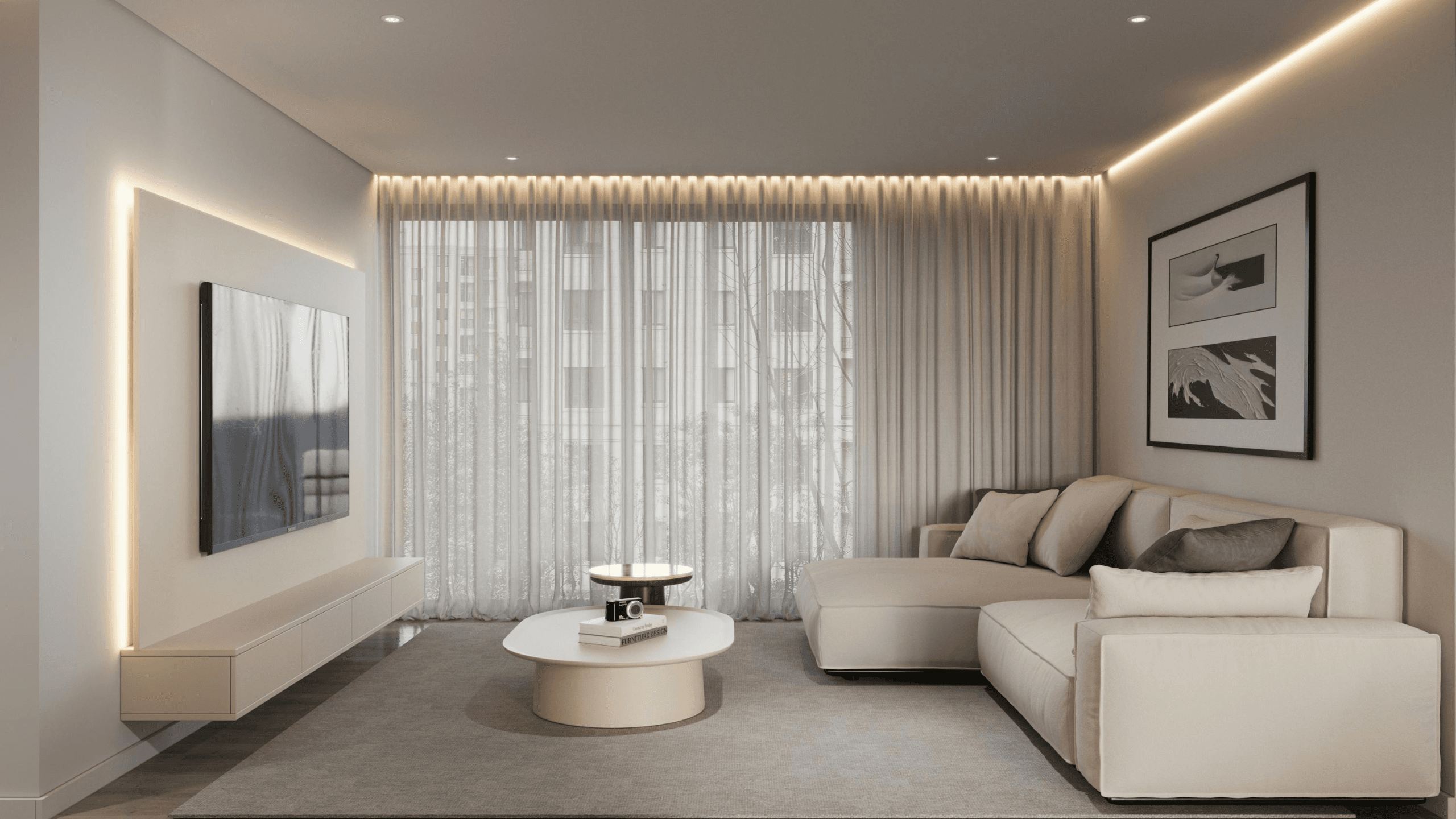 Sala Minimalista com Iluminação Indireta e Sofá Clean em “L”