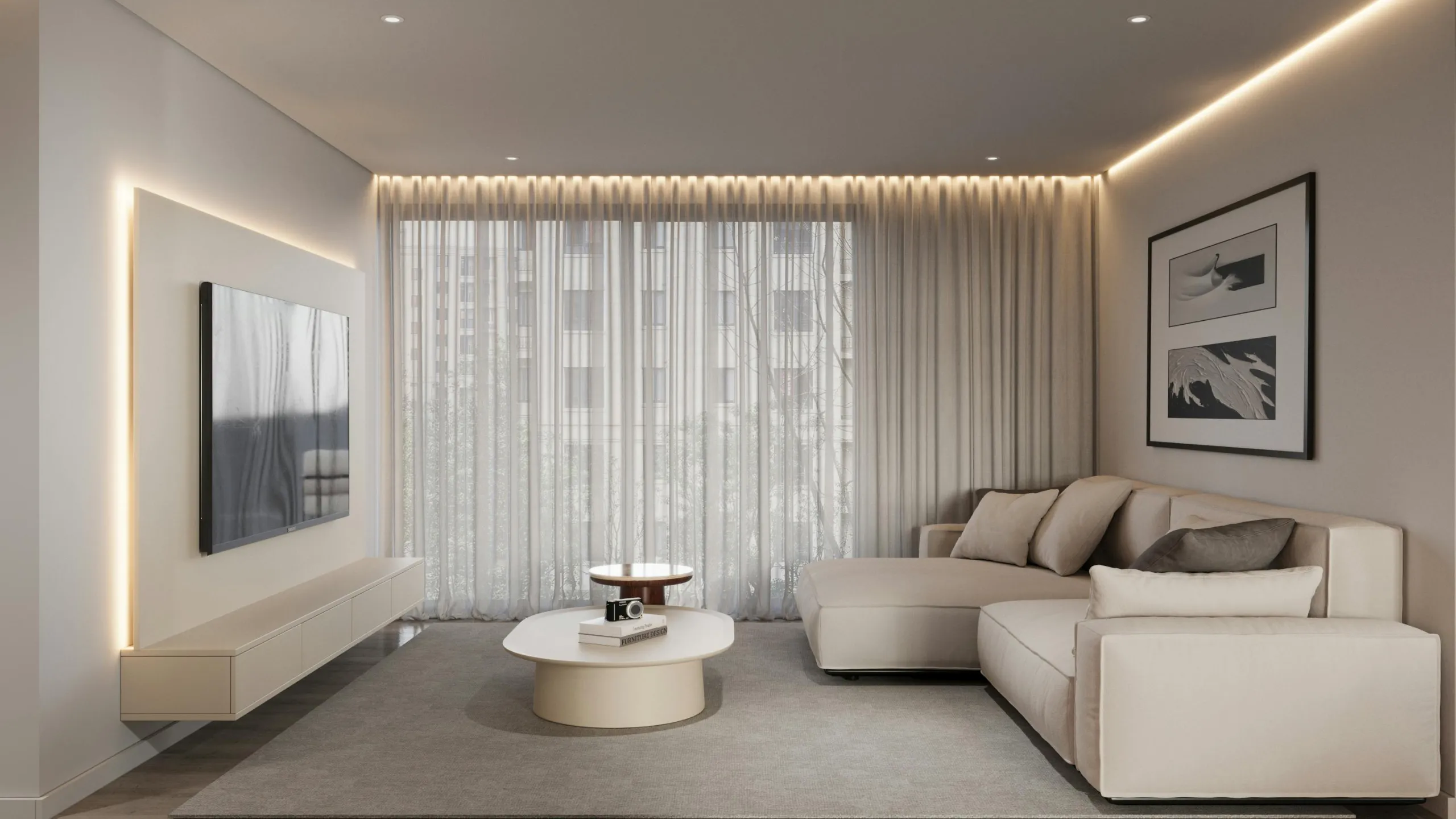 Sala Minimalista com Iluminação Indireta e Sofá Clean em “L”